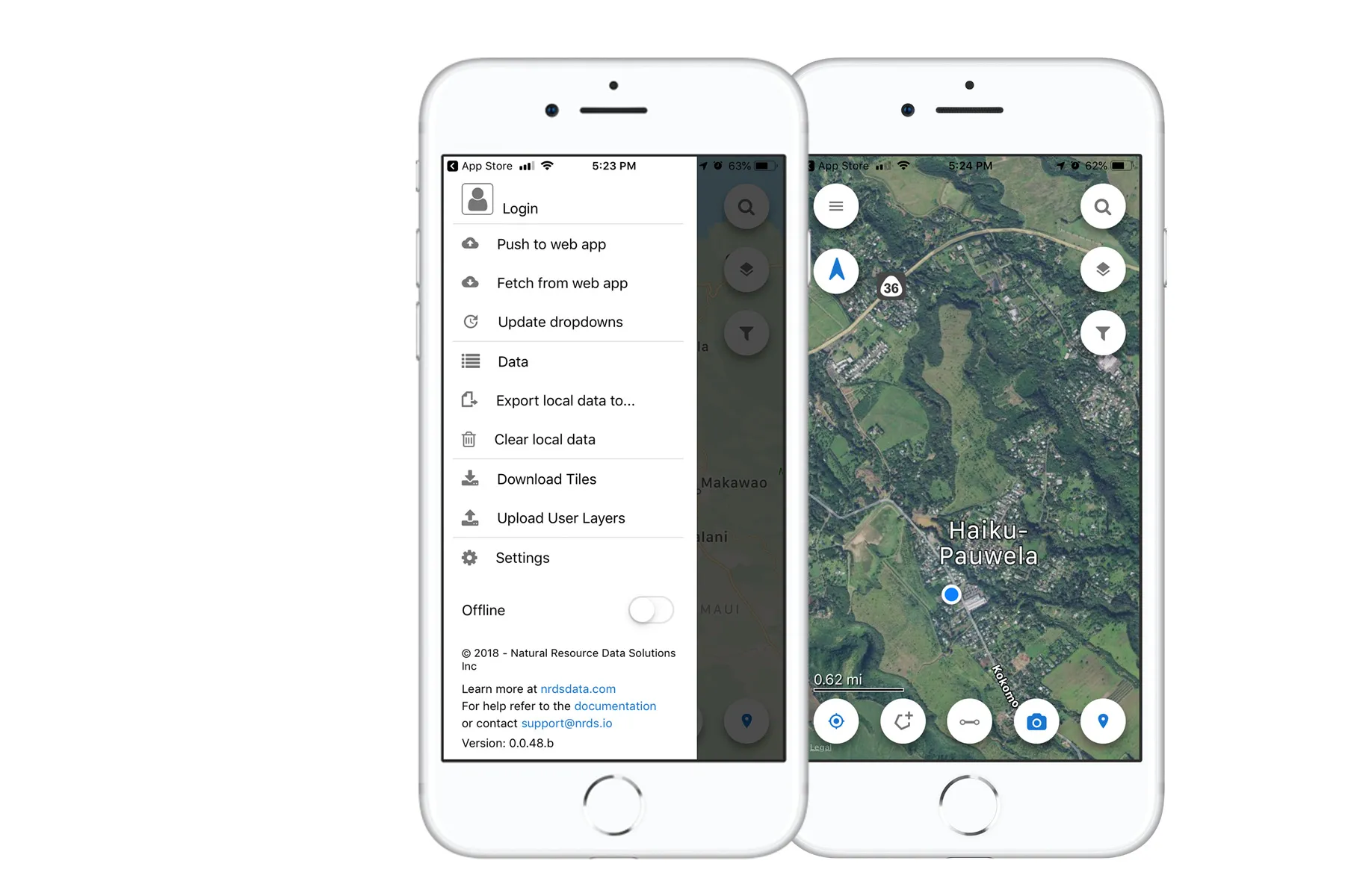 The NRDS ‘āina app showing a menu and a map on two iPhones